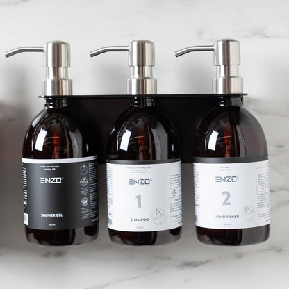 Vonios šampūno buteliuko laikiklis iš nerūdijančio plieno. Juodas